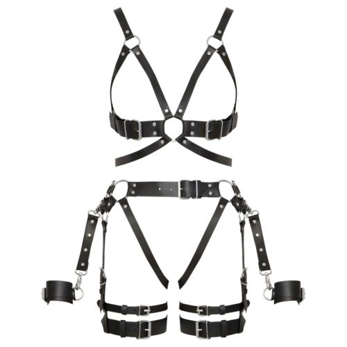 ZADO - többrészes bőr harness szett bilinccsel - fekete (S-M)
