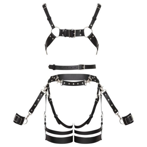 ZADO - többrészes bőr harness szett bilinccsel - fekete (S-M)