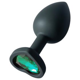   / Sunfo - szilikon anál plug szív alakú sötét zöld kővel (fekete)